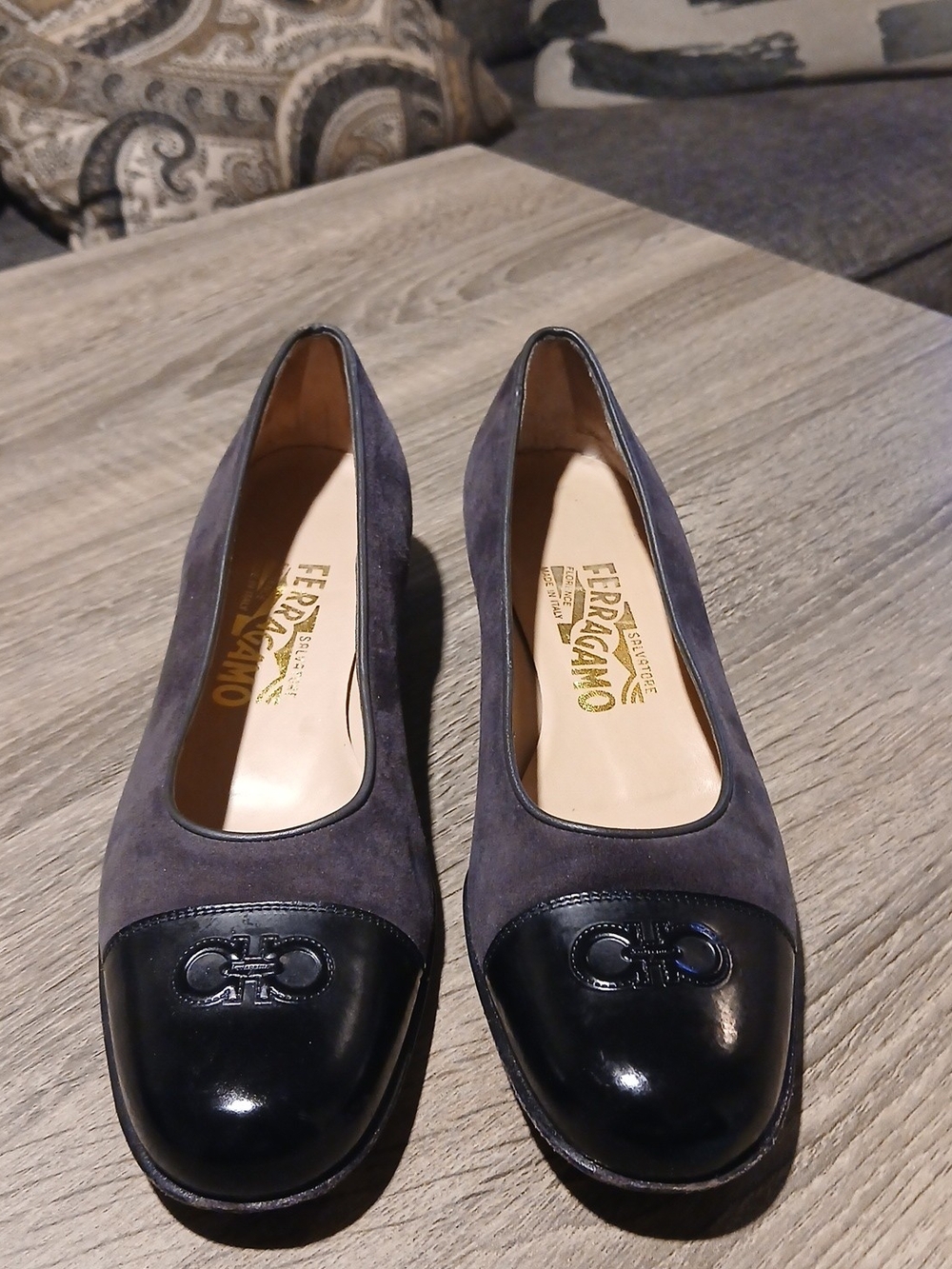 Salvatore Ferragamo Navy Suede & Black Leather Block Heel Pumps